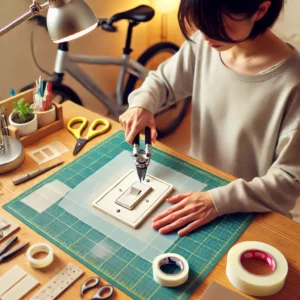 日本人女性がシリコンシートをカットし、手作りの電動自転車スイッチカバーを作成している。