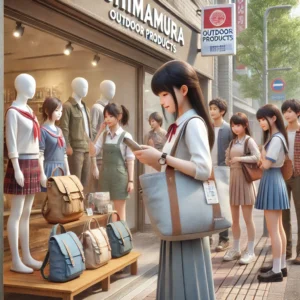 しまむらの店舗前で、アウトドアプロダクツのバッグを手に持つ若い女性。