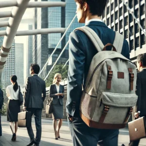 40代、50代の男女がシンプルなデザインのリュックを背負って街を歩く姿。