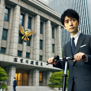 市役所前で電動キックボード通勤を考える公務員。