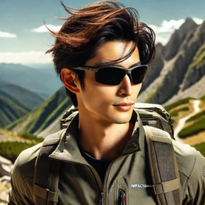 高機能な登山サングラスをかけた日本人男性が、険しい登山道を歩く