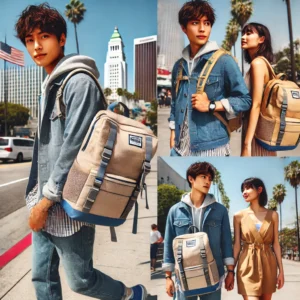 ロサンゼルスの街並みを背景に、アウトドアプロダクツのバッグを持つ男女の姿。