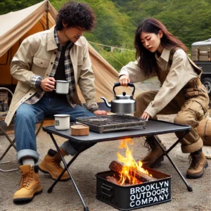 「日本人の男性と女性がキャンプ場でブルックリン アウトドア カンパニーの折りたたみテーブルと焚き火台をテストしている。男性は安定性を確かめるためにケトルをテーブルに置き、女性は燃えている焚き火台の耐久性を慎重に確認している。背景にはテントやその他のキャンプギアが並び、自然豊かなアウトドア環境が広がっている。」