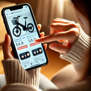 オンラインショップで電動自転車スイッチカバーの価格を比較している日本人女性。