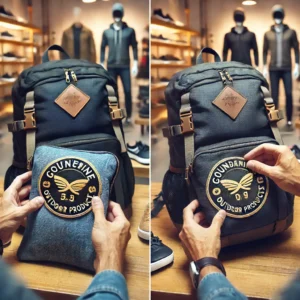 正規品と偽物を比較する場面。ロゴや縫製をチェックする手元のアップ