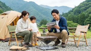 キャンプを始めようとする日本人の家族。父親がコンパクトな焚き火台とバーベキューコンロの兼用モデルを、荷物を減らしたいという希望と共に手に取っている様子。