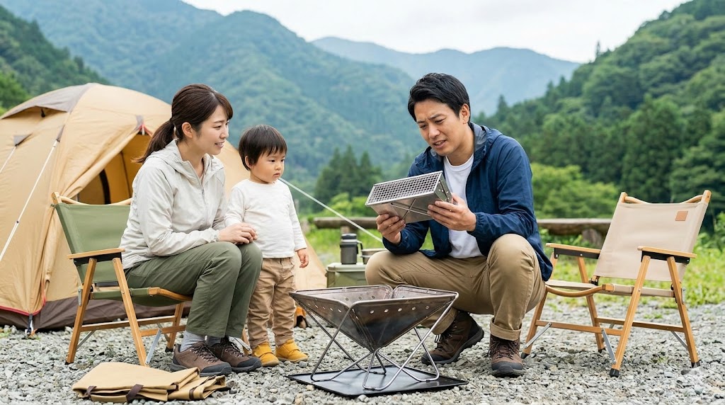 キャンプを始めようとする日本人の家族。父親がコンパクトな焚き火台とバーベキューコンロの兼用モデルを、荷物を減らしたいという希望と共に手に取っている様子。