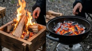 焚き火台と炭火台の違い。薪が勢いよく燃える炎と、炭が安定して赤外線を発する様子を比較。異なる熱源が調理と焚き火に与える影響を視覚的に解説。