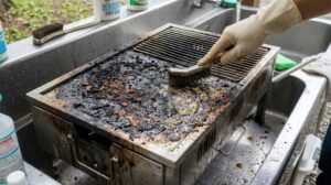 焚き火とバーベキューの混合汚れが固着した兼用モデルのメンテナンス。煤、脂、灰が混ざり合い、コンクリートのように強固に焼き付いた汚れを落とす過酷な清掃作業。