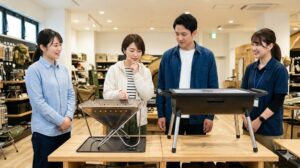 アウトドアショップで機材を選ぶ日本人カップル。兼用モデルのデメリットを理解した上で、自分たちのキャンプスタイルに合わせて焚き火専用台とバーベキュー専用コンロを比較・検討している。
