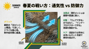 3Dメッシュ構造による涼しさと、薄手素材の弱点をインナープロテクターで補う考え方の解説。