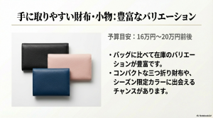 コンパクトな三つ折り財布などの画像と、予算目安16万円〜20万円前後の記載