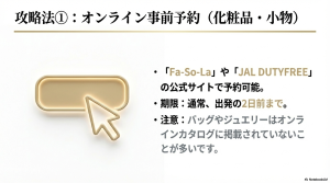 Fa-So-LaやJAL DUTYFREEでの予約期限や、バッグが掲載されない注意点をまとめた図解