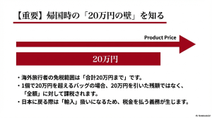 日本入国時の免税範囲合計20万円と、それを超える高額品の課税ルールを示す図解