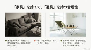 重い家具の欠点とキャンプ道具の利点を比較し、部屋を数分で切り替えられるメリットを説明する図解