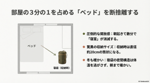 部屋の3分の1を占めるベッドと、直径約20cmに収まる寝袋のサイズ比較イラスト