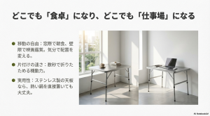 窓際や壁際など気分に合わせて自由に配置を変えられるキャンプテーブルの活用イメージ