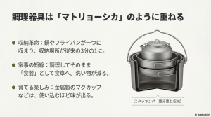 鍋やフライパンが一つに収まり、収納スペースを3分の1にするマトリョーシカのようなスタッキング構造の図解