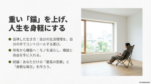 モノを減らし機能と自由を手に入れることで、自律した最高の部屋と身軽な毎日を作る結論のイメージ