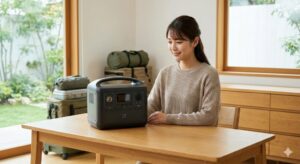 自宅の書斎で日本ブランドのポータブル電源を笑顔で眺める日本人女性。信頼できる製品選びをイメージ。