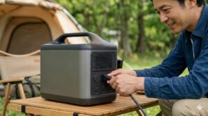 キャンプ場でJVCケンウッド製のポータブル電源を接続する日本人男性。国内メーカーの安心感。