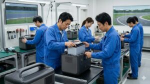 日本のホンダ工場でポータブル電源「LiB-AID E500」を組み立てる作業員。国内生産の品質。