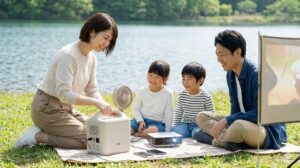 湖畔でのピクニックで、JVCの小型ポータブル電源を片手で運ぶ日本人女性。軽量さと携帯性。