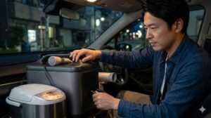 夜間のキャンピングカー内で、大容量ポータブル電源を使い炊飯器とドライヤーを同時に動かす日本人男性。高出力。