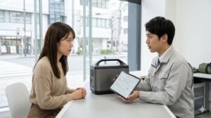 国内の修理センターで、日本人技術者からポータブル電源のメンテナンス説明を受ける日本人女性。アフターサービス。