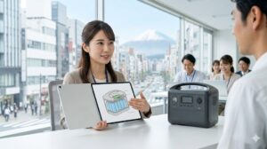 日本国内の明るく近代的なカスタマーサポートセンターで、タブレットを用いて製品の安全性を丁寧に説明する日本人女性スタッフ。