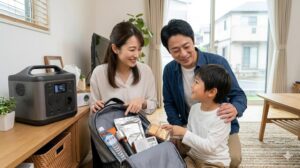 地震などの災害に備え、リビングの備蓄スペースにポータブル電源と防災バッグを常備し、中身を確認する安心した表情の日本人家族。