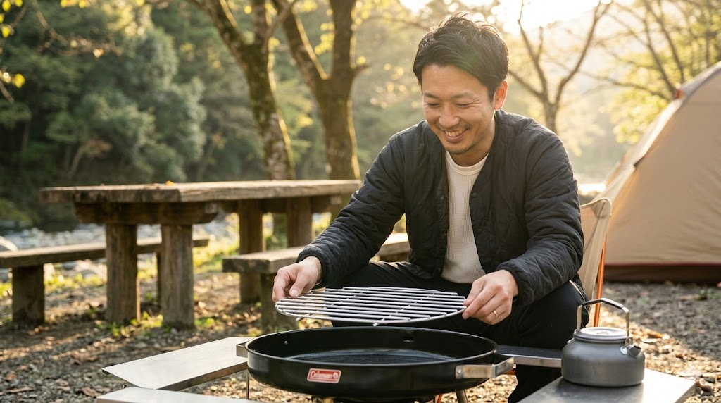 夕暮れのキャンプ場でコールマンのファイヤーディスクにステンレス製の五徳をセットする日本人男性キャンパー。