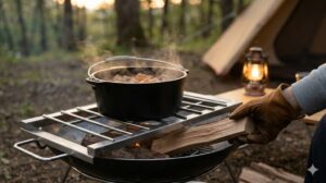 五徳を載せたコールマンのファイヤーディスクで調理中、ダッチオーブンの下から薪を追加するキャンパーの手元。