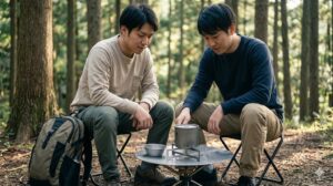 フォレストキャンプ場で、コールマンのファイヤーディスク・ソロにコンパクトなクロス五徳を載せてソロキャンプ用のクッカーで調理する男性キャンパー。