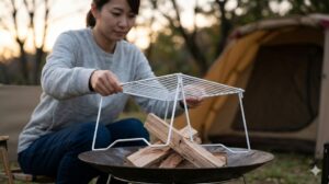 夕暮れのキャンプ場で、日本人女性キャンパーがコールマンのファイヤーディスクにニトリの折りたたみ式キッチンラックを五徳として設置する様子。