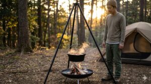 フォレストキャンプ場で、コールマンのファイヤーディスクの上にトライポッドを設置し、ダッチオーブンを吊るして調理する男性キャンパー。