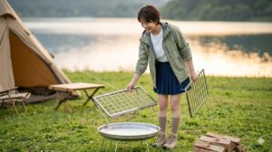 45cmサイズのコールマンファイヤーディスクに、大型のブリッジ型五徳を合わせる日本人女性キャンパー。