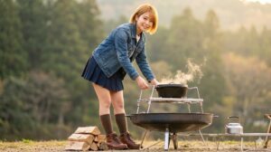 日本人女性キャンパーがファイヤーディスクに高さ調整可能な社外製グリルブリッジを設置し、ダッチオーブン調理をする様子。