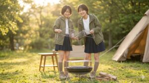 日本人女性キャンパーがファイヤーディスクに、100均のキッチンラックを組み合わせた自作五徳を設置して喜ぶ様子。