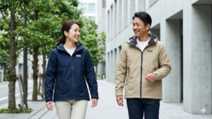 都会的なヘリーハンセンのアウターを着用し、笑顔で歩く大人世代の日本人男女。幅広い年齢層への適応力を示すイメージ。