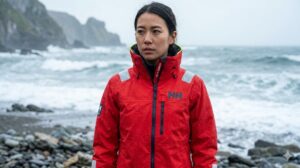 雨と波しぶきの中、赤いヘリーハンセンの防水ジャケットを着用して立つ日本人女性。過酷な海由来の機能性を示す。