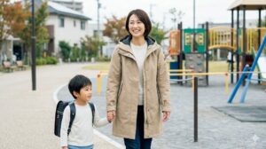 笑顔で子供と公園を歩くママ世代の日本人女性。ヘリーハンセンの防水コートを着用し、日常での上品な実用性を示す。