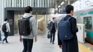 キャンパスを歩く大学生と、都会を移動するビジネスパーソン。それぞれヘリーハンセンの異なるリュックを着用し、幅広いシーンでの実用性を示す。