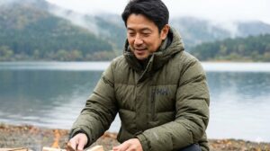 湖畔のキャンプ場で焚き火をするベテラン世代の日本人男性。ヘリーハンセンの防水ダウンジャケットを着用し、濡れへの強さと保温性を示す。