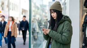 - 原宿のストリートで見かけた、スタイリッシュなヘリーハンセンのアウターを着用しスマートフォンを見る可愛い日本人女性のトレンドコーデ。