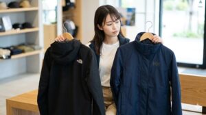 アウトドアショップで、ネイビーのヘリーハンセンとブラックのノースフェイスのジャケットを手に持ち、真剣に比較する若くて可愛いスレンダーな日本人女性のショッピング風景。