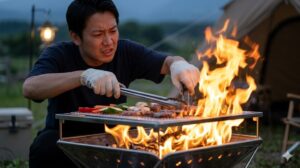 調理コンロとして使う際の火力調整に苦戦する日本人男性。炎が上がりすぎた兼用焚き火台で、安定した火加減を見つける難しさを表現。
