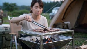 バーベキューの効率を妨げる物理的距離。網と火床の距離が離れた兼用コンロで、弱火により調理時間がかかる様子を日本人女性がトングで確認。