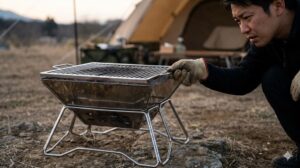 定番のユニフレーム製兼用コンロでも生じる実運用の悩み。日本人男性が、熱歪みや不安定な足場により網がズレるなど、現場での構造的クセを確認。