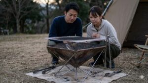 焚き火台 バーベキュー 兼用 デメリットの総括。日本人カップルが、使い込んで煤と脂で汚れた兼用コンロを見つめ、一台二役の物理的な限界とメンテナンスの過酷さを振り返る。
